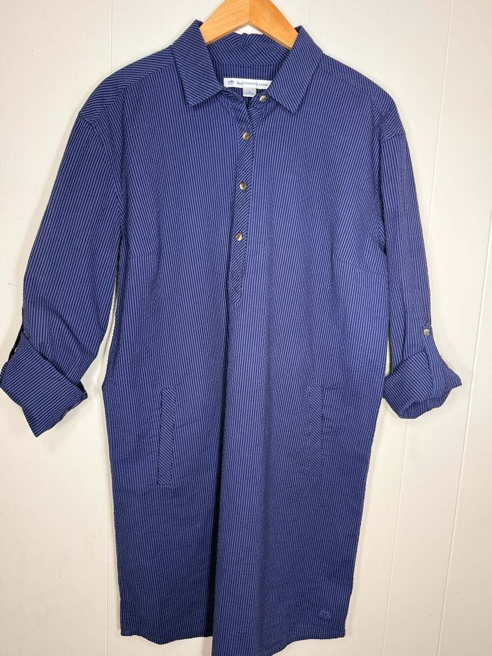 Southern Tide Shirt Dress Size L Navy Blue Stripe Cotton Seersucker